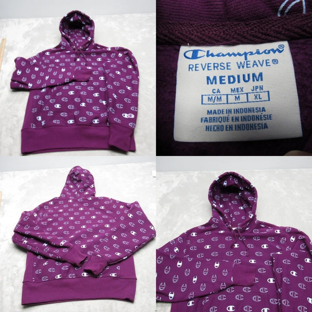 Champion Hoodie Womens Medium Purple All Over Print Reverse Weave Heavyweight - Picture 1 of 12